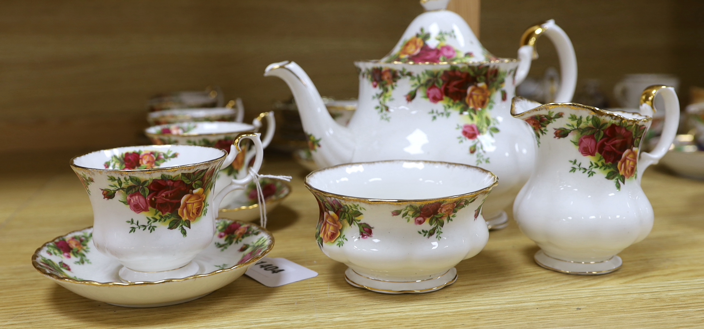 Royal Albert Old Country Roses part tea set including six trios, teapot milk jug and sugar bowl, largest 26cm wide